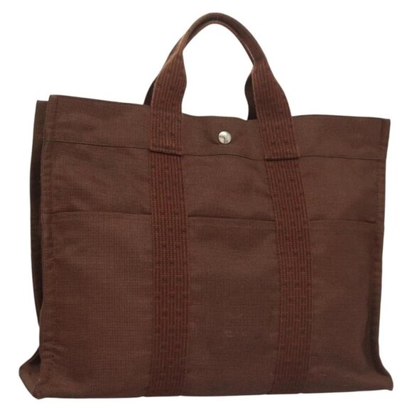 HERMES Her Line MM Tote Bag Canvas Brown Silver Auth - Picture 2 of 16
